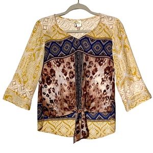 Anthropologie Fig and Flower Boho Print, Lace, Tie Front, Bell Sleeve, Size PS